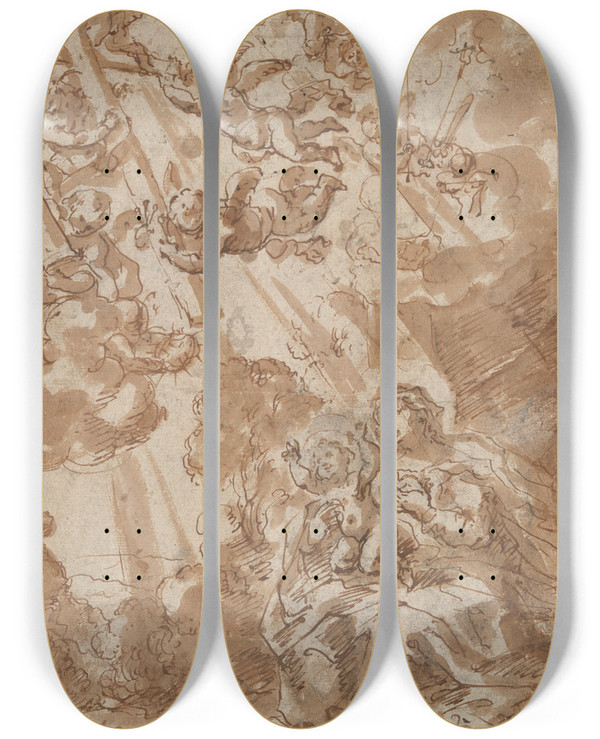 Triptych art skateboard deck of Abraham Van Diepenbeeck Madonna In Vision Of Instruments Of Thepassion by Abraham Van Diepenbeeck (1596-1675)