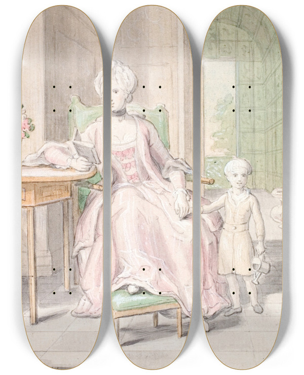 Triptych art skateboard deck of Peder Als Dronning Caroline Mathilde Med Kronprins Frederik by Peder Als (1725-1775)
