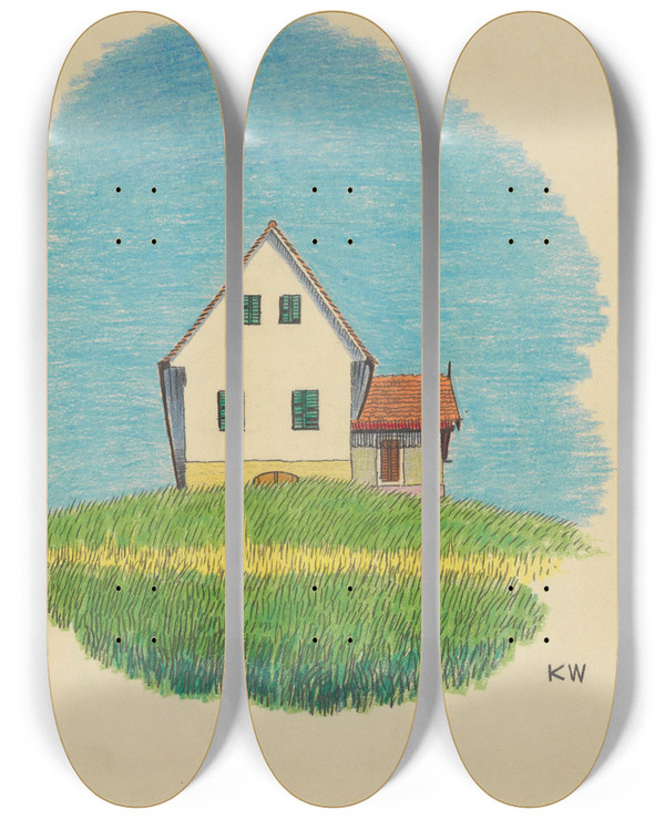 Triptych art skateboard deck of Karl Wiener Ohne Titel Haus In Wiese by Karl Wiener (1901-1949)