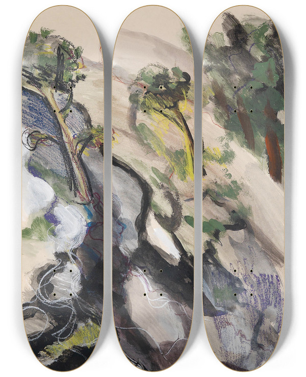 Triptych art skateboard deck of Petar Dobrovic Olivenbume by Petar Dobrovic (1890-1942)