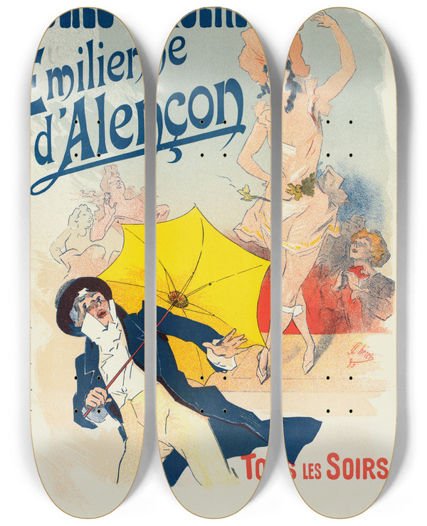Triptych art skateboard deck of Jules Chret Milienne Dalenon by Jules Cheret (1836-1932)
