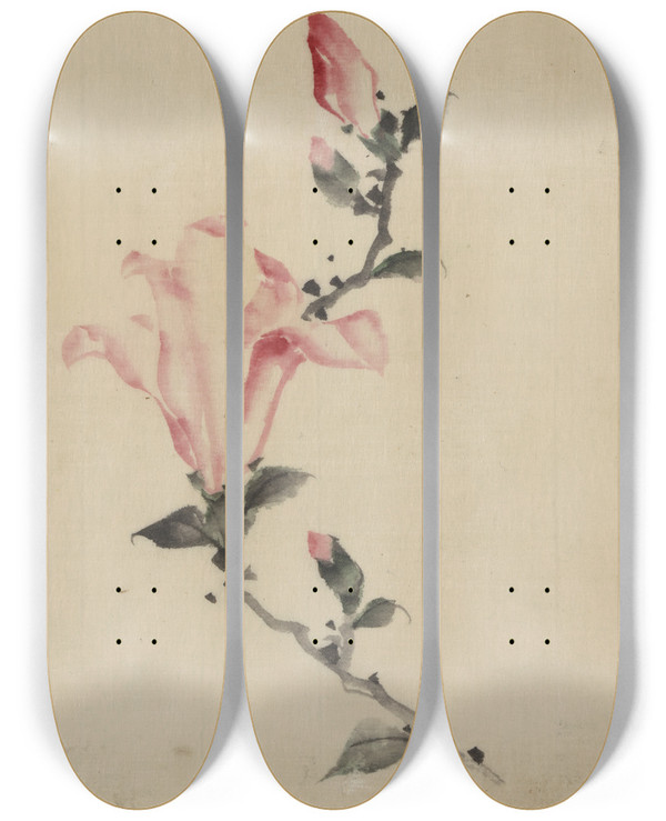 Triptych art skateboard deck of Katsushika Hokusai Large Pink Blossom On A Stem With Three Additional Buds by Katsushika Hokusai (1760-1849)