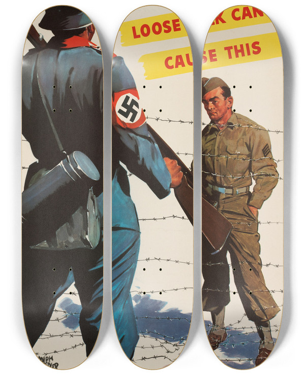 Triptych art skateboard deck of Adolph Treidler Loose Talk Can Cause This by Adolph Treidler (1886-1981)