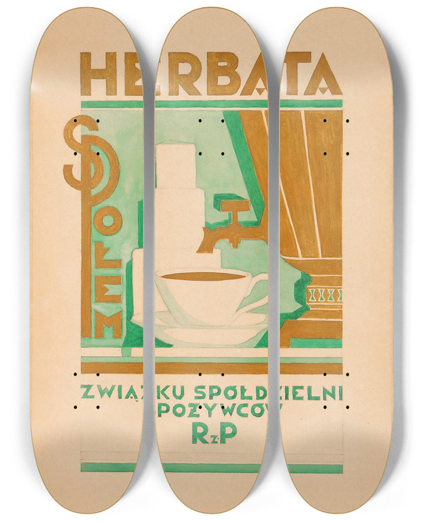 Triptych art skateboard deck of Edward Butrymowicz Herbata Zwizku Spdzielni Spoywcw Rz P Spoem by Edward Butrymowicz (1879-1944)