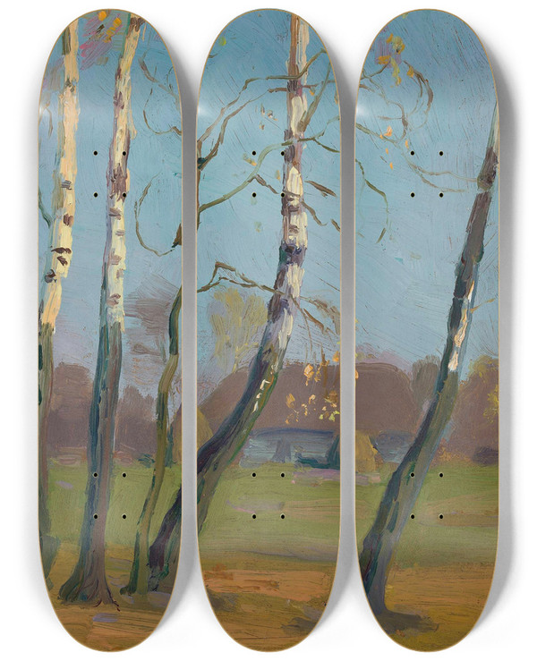 Triptych art skateboard deck of Teodor Ziomek Birch Trees Near A Village by Teodor Ziomek (1874-1937)