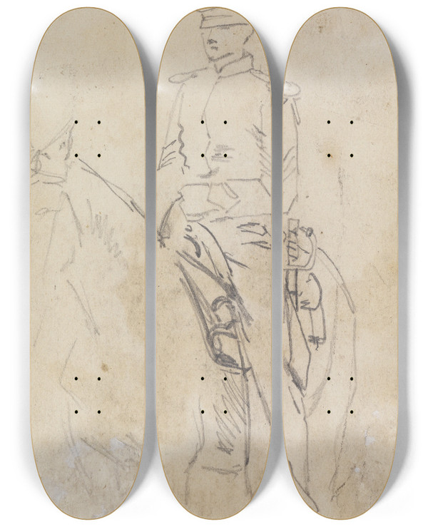 Triptych art skateboard deck of Winslow Homer Mounted Cavalry Officer by Winslow Homer (1836-1910)