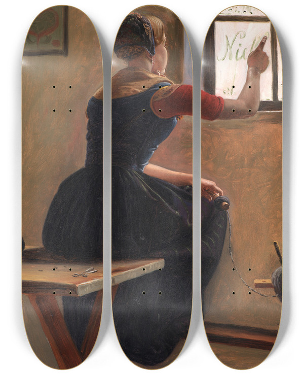 Triptych art skateboard deck of Christen Dalsgaard A Young Girl In Jutland Writing Her Beloveds Name On A Misty Window by Christen Dalsgaard (1824-1907)