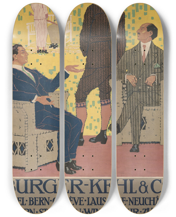 Triptych art skateboard deck of Burkhard Mangold Burgerkehl Co by Burkhard Mangold (1873-1950)