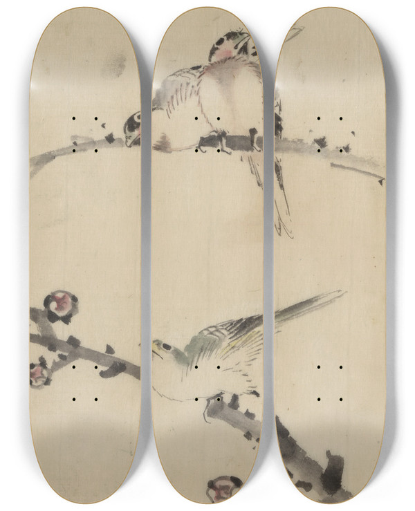 Triptych art skateboard deck of Katsushika Hokusai Three Birds Perched On Branches One With Blossoms by Katsushika Hokusai (1760-1849)