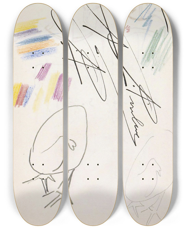 Triptych art skateboard deck of Reijer Stolk Twee Kippen by Reijer Stolk (1896-1945)