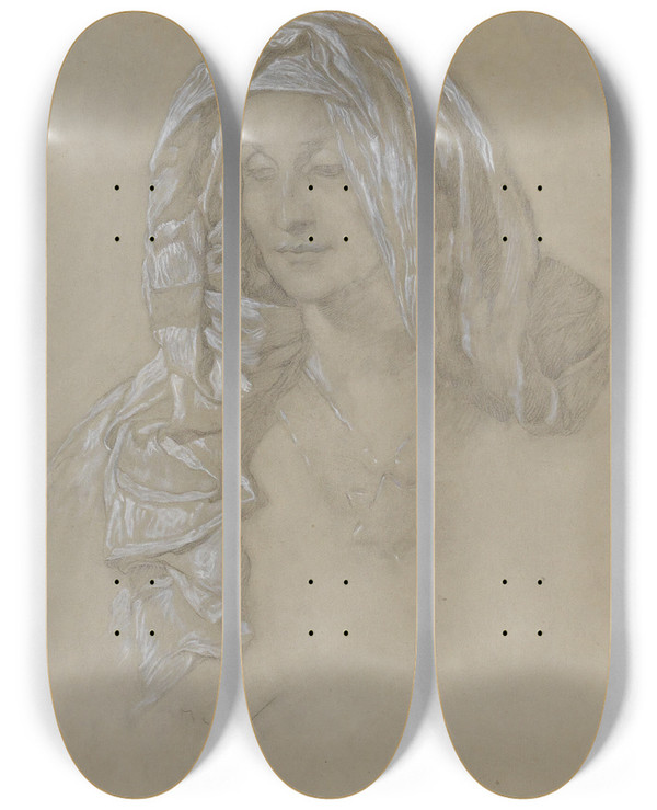 Triptych art skateboard deck of Alphonse Mucha Woman With Headscarf And Star Medallion by Alphonse Mucha (1860-1939)