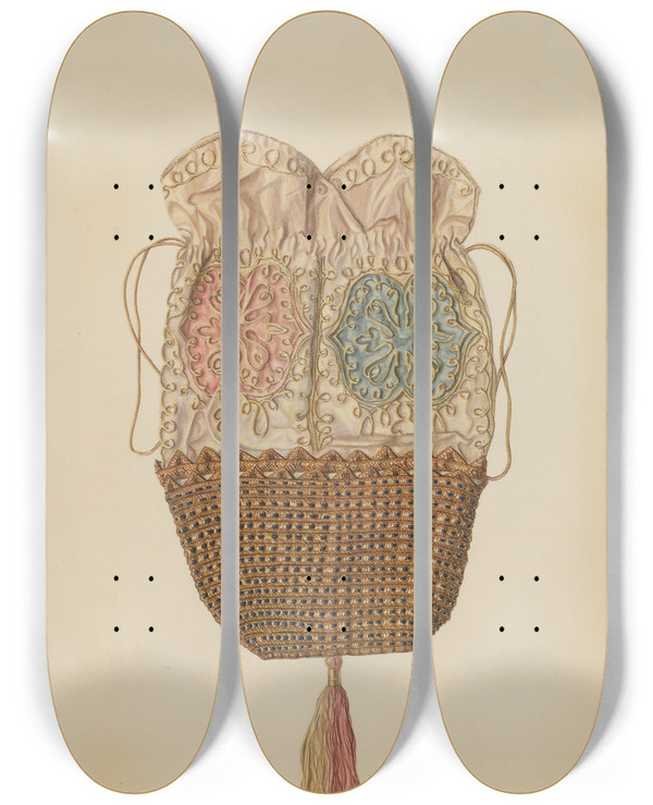 Triptych art skateboard deck of Dolores Haupt Silkstraw Reticule by Dolores Haupt