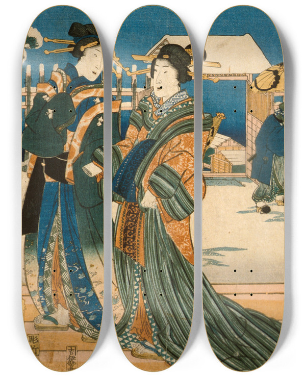Triptych art skateboard deck of Utagawa Kunisada Toyokuni Iii Snow by Utagawa Kunisada (Toyokuni III) (1786-1865)