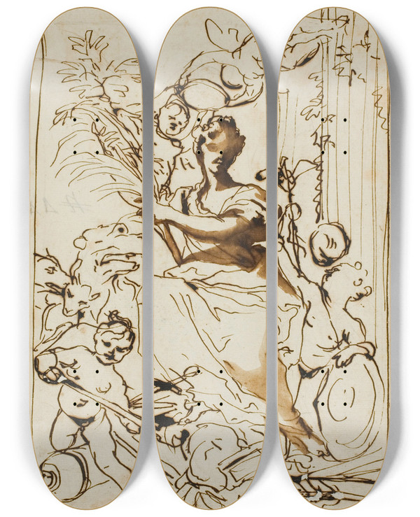 Triptych art skateboard deck of Domenico Piola Allegory Of Victory by Domenico Piola (1627-1703)