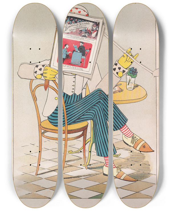 Triptych art skateboard deck of Lothar Meggendorfer Lustiges Automatentheater Pl 1 by Lothar Meggendorfer (1847-1925)