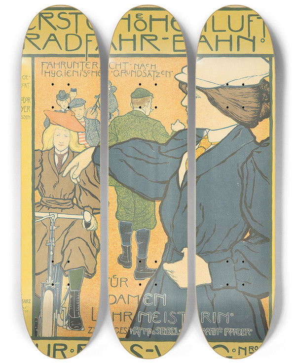 Triptych art skateboard deck of Johann Vincenz Cissarz Erste Hhenluft Radfahrbahn by Johann Vincenz Cissarz (1873-1942)