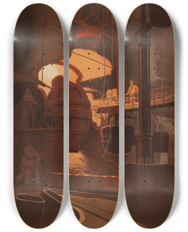 Triptych art skateboard deck of Karl Biese Im Stahlwerk Bei Krupp by Karl Biese (1863-1926)