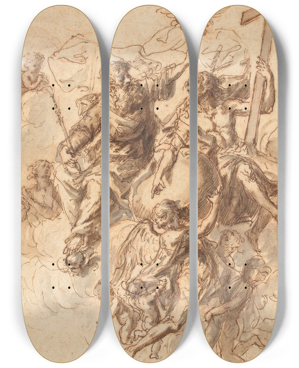 Triptych art skateboard deck of Bartholomaeus Ignaz Weiss The Trinity Surrounded By Angels by Bartholomaeus Ignaz Weiss (1730-1814)