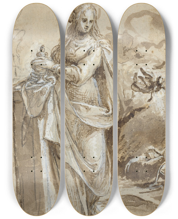 Triptych art skateboard deck of Biagio Pupini Mary Magdalene_2 by Biagio Pupini (1511-1551)