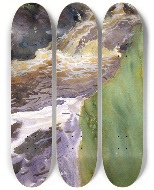 Triptych art skateboard deck of John Singer Sargent Rushing Water by John Singer Sargent (1856-1925)