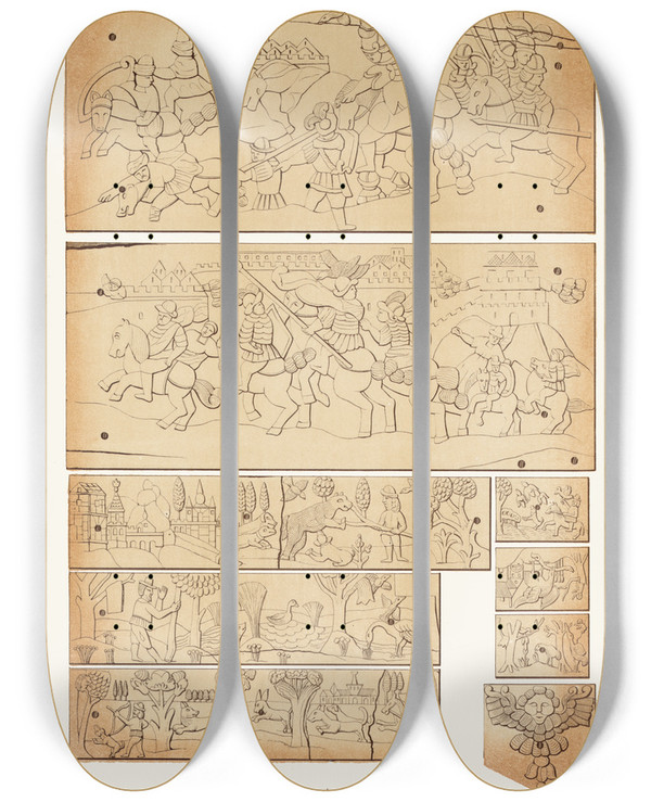 Triptych art skateboard deck of Fedor Grigoryevich Solntsev Ocherki Rezby Po Slonovoi Kosti Na Trone Ioanna Iii Izobrazhenie 16 by Fedor Grigoryevich Solntsev (1801-1892)