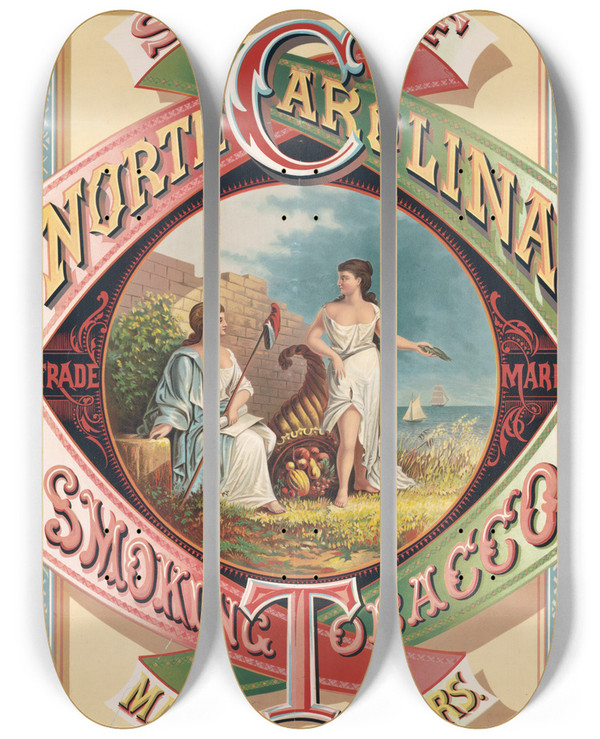 Triptych art skateboard deck of Wells Hope Co Seal Of North Carolina Tobacco Marburg Brothers by Wells Hope Co (1845-1907)
