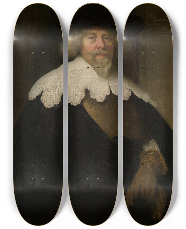 Triptych art skateboard deck of Govaert Flinck Portrait Of A Gentleman by Govert Flinck