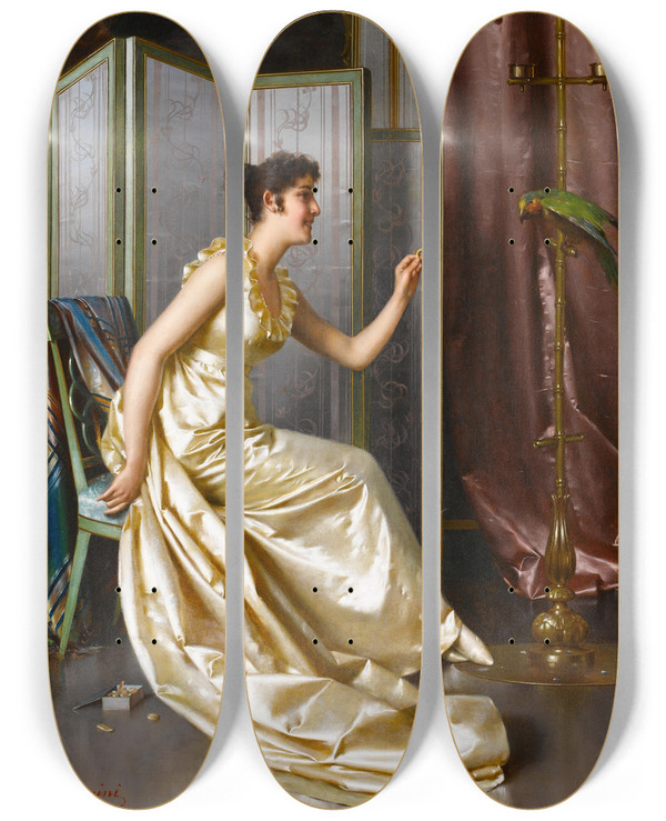 Triptych art skateboard deck of Vittorio Reggianini Feeding The Parrot by Vittorio Reggianini (1858-1938)
