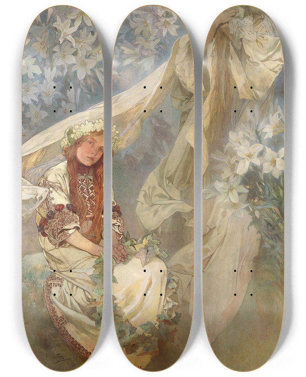 Triptych art skateboard deck of Alphonse Mucha Madonna Of The Lilies by Alphonse Mucha (1860-1939)