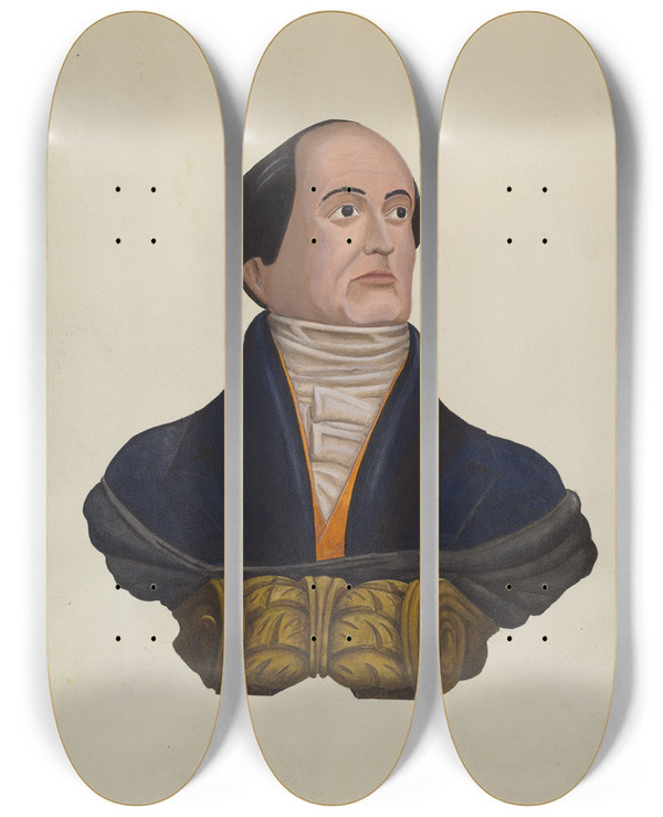 Triptych art skateboard deck of Fw Powell Daniel Webster Figurehead by F.W. Powell