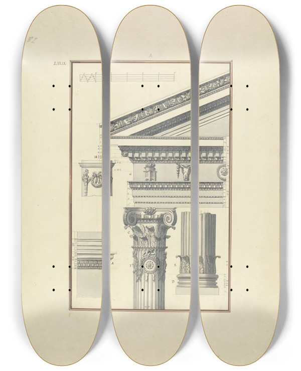 Triptych art skateboard deck of Giovanni Battista Borra Details Of A Composite Order From The Temple Of Augustus At Mylasa by Giovanni Battista Borra (1713-1770)