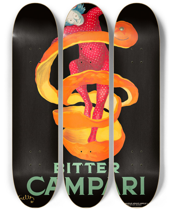 Triptych art skateboard deck of Leonetto Cappiello Bitter Campari by Leonetto Cappiello (1875-1942)