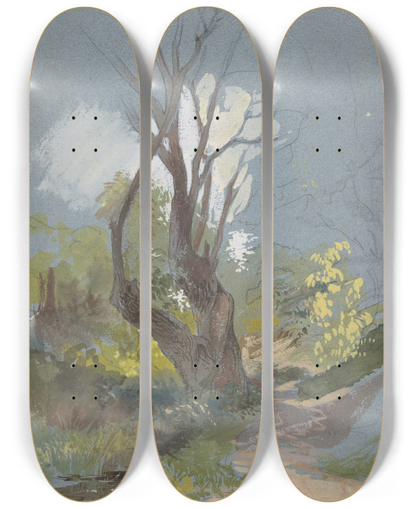 Triptych art skateboard deck of Friedrich Von Nerly Mountain Path With A Tree by Friedrich Von Nerly (1807-1878)