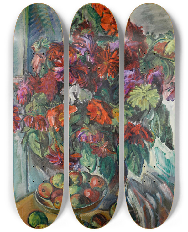Triptych art skateboard deck of Nikolai Alexandrovich Tarkhov Nature Morte Aux Fleurs Et Pommes by Nikolai Alexandrovich Tarkhov (1871-1930)