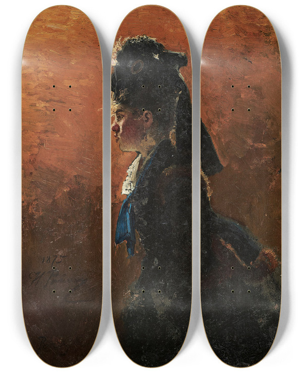 Triptych art skateboard deck of Ilya Efimovich Repin Study For Aparisian Cafe by Ilya Efimovich Repin (1844-1930)