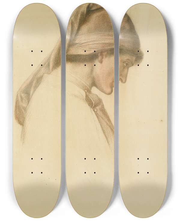 Triptych art skateboard deck of Dante Gabriel Rossetti Study For The Head Of Dante In Dantes Dream by Dante Gabriel Rossetti (1828-1882)