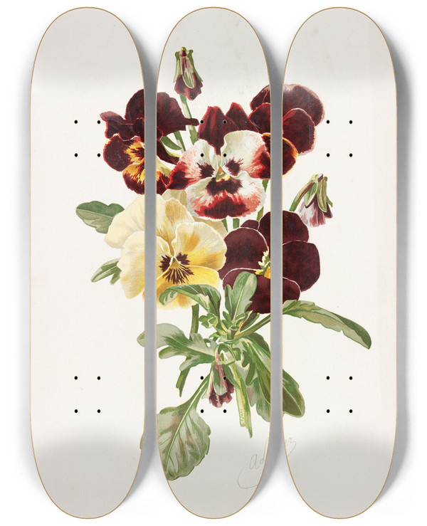 Triptych art skateboard deck of Alois Lunzer Pansies by Alois Lunzer (1840)
