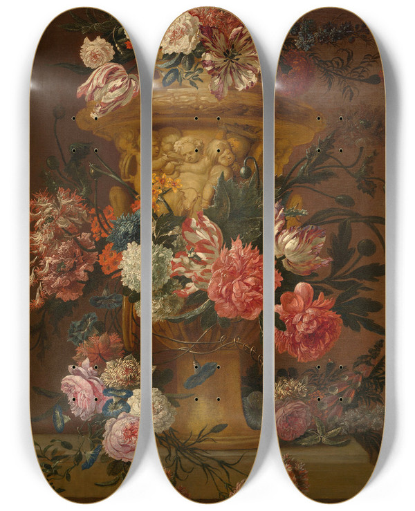 Triptych art skateboard deck of Jan Baptist Bosschaert Bouquet Of Flowers by Jan Baptist Bosschaert (1667-1746)