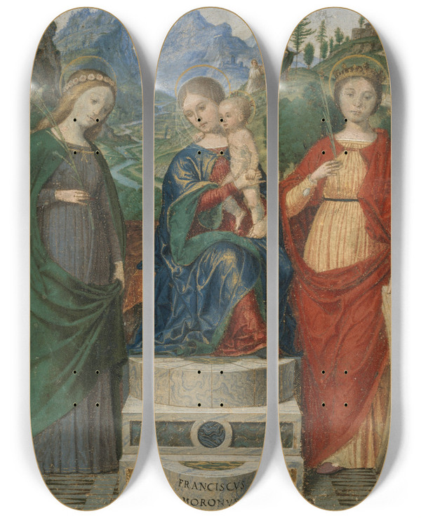 Triptych art skateboard deck of Francesco Morone Virgin And Child Enthroned Between Saints Cecilia And Catherine Of Alexandria by Francesco Morone (1471-1529)