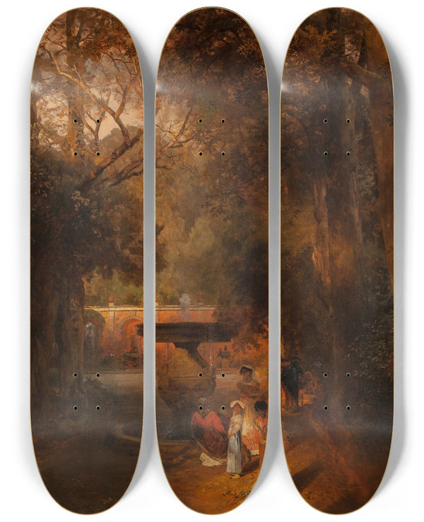 Triptych art skateboard deck of Oswald Achenbach Gardens And Fountain Of The Villa Torlonia Frascati Rome by Oswald Achenbach (1827-1905)