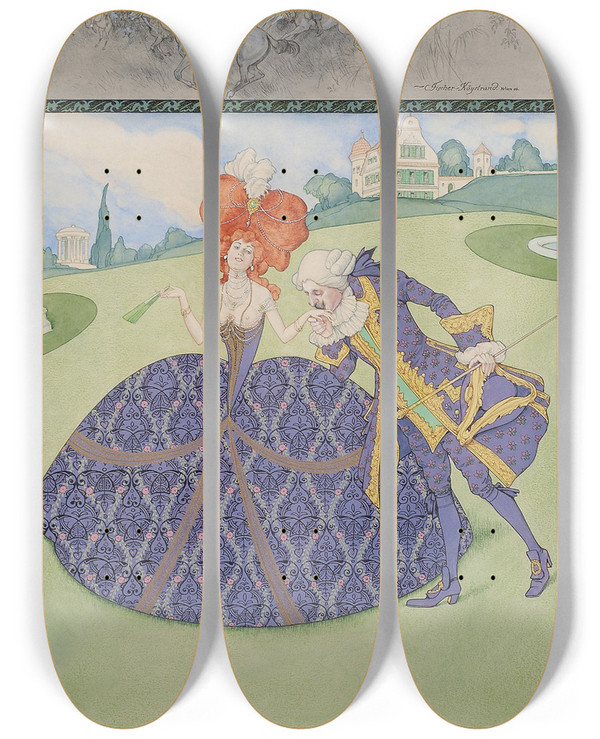 Triptych art skateboard deck of Carl Fischerkystrand Elegantes Paar Im Garten Servir Le Roi Servir Les Dames by Carl Fischer Koystrand (1861-1918)
