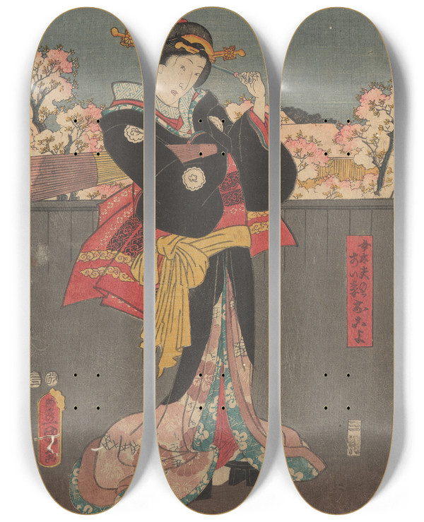 Triptych art skateboard deck of Toyokuni Utagawa Woman With Black Wrap Against Grey Fence Cherry Trees In Bloom In Background by Toyokuni Utagawa (1769-1825)