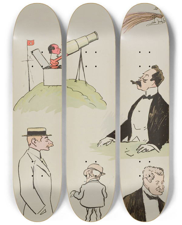 Triptych art skateboard deck of Georges Goursat Sem Cinq Hommes Non Identifis Dont Santos Dumont Sol Joel Et Boldini by Georges Goursat (Sem) (1863-1934)