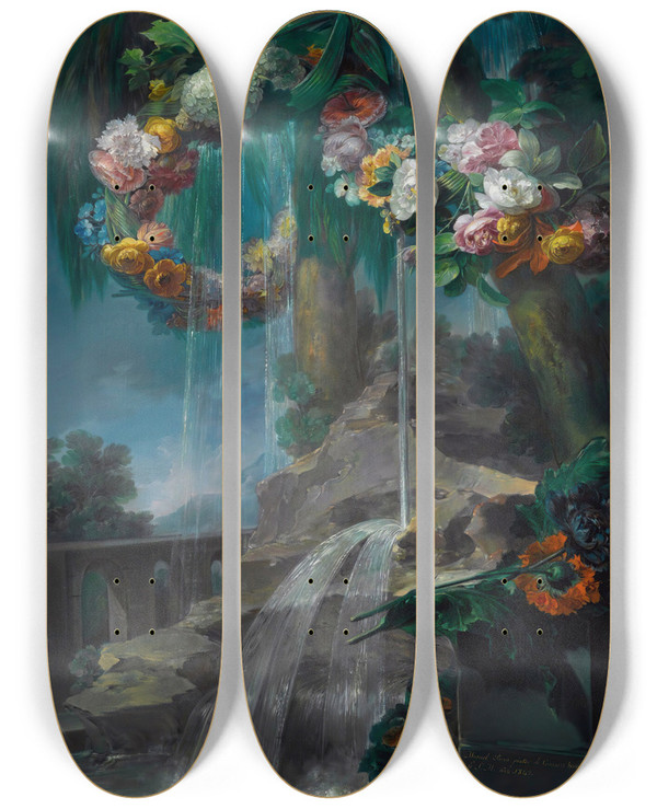 Triptych art skateboard deck of Miguel Parra Abril An Outdoor Scene With A Spring Flowing Into A Pool With Garlands Of Flowers And An Aqueduct Beyond by Miguel Parra Abril (1780-1846)