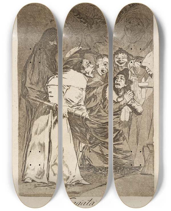 Triptych art skateboard deck of Francisco De Goya Tragala Perro Swallow It Dog by Francisco de Goya (1746-1828)