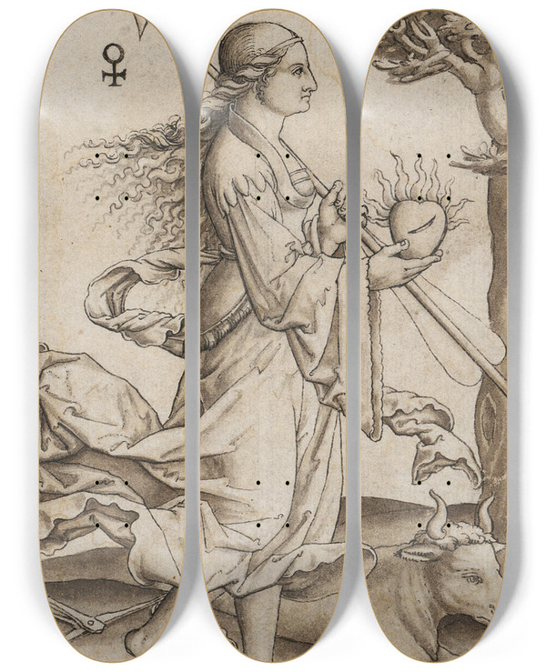 Triptych art skateboard deck of Jacob Clauser Venus Aus Einer Planetenserie by Jacob Clauser (1520-1578)