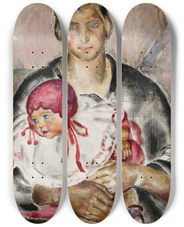 Triptych art skateboard deck of Nina Aleksandrowicz Mother With A Child by Nina Aleksandrowicz (1877-1945)