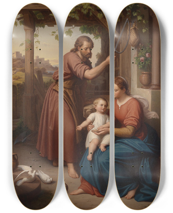 Triptych art skateboard deck of Julius Frank Mary And Joseph With The Baby Jesus by Julius Frank (1826-1908)