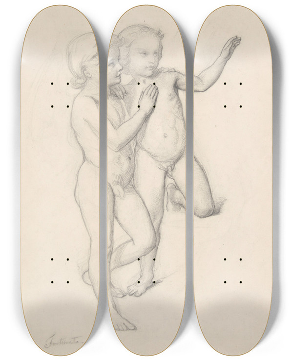 Triptych art skateboard deck of Jzef Simmler Study Of Angels For The Painting The Immaculate Conception Of The Blessed Virgin Mary by Jozef Simmler (1823-1868)