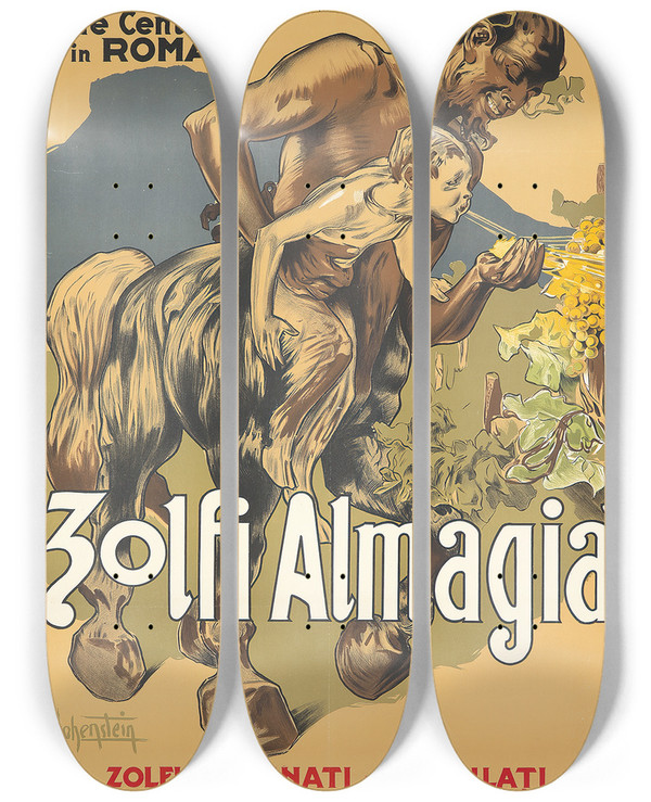 Triptych art skateboard deck of Adolfo Hohenstein Zolfi Almagia by Adolfo Hohenstein (1854-1928)